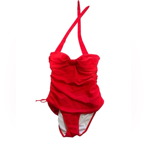 Red Ruched Halter One Piece Swimsuit Adjustable Bathing Suit Size XS - Picture 1 of 7